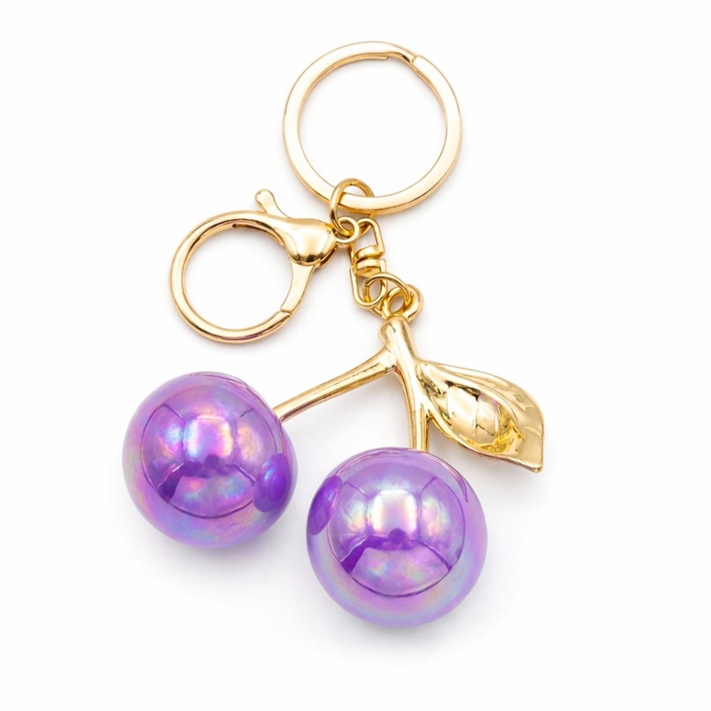 Gold-Tone Pearlescent Purple Cherry Keychain / Bag charm NEW